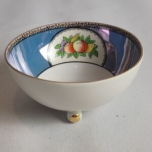 Noritake Footed Bowl Blue Lusterware Fruit Peaches Interior